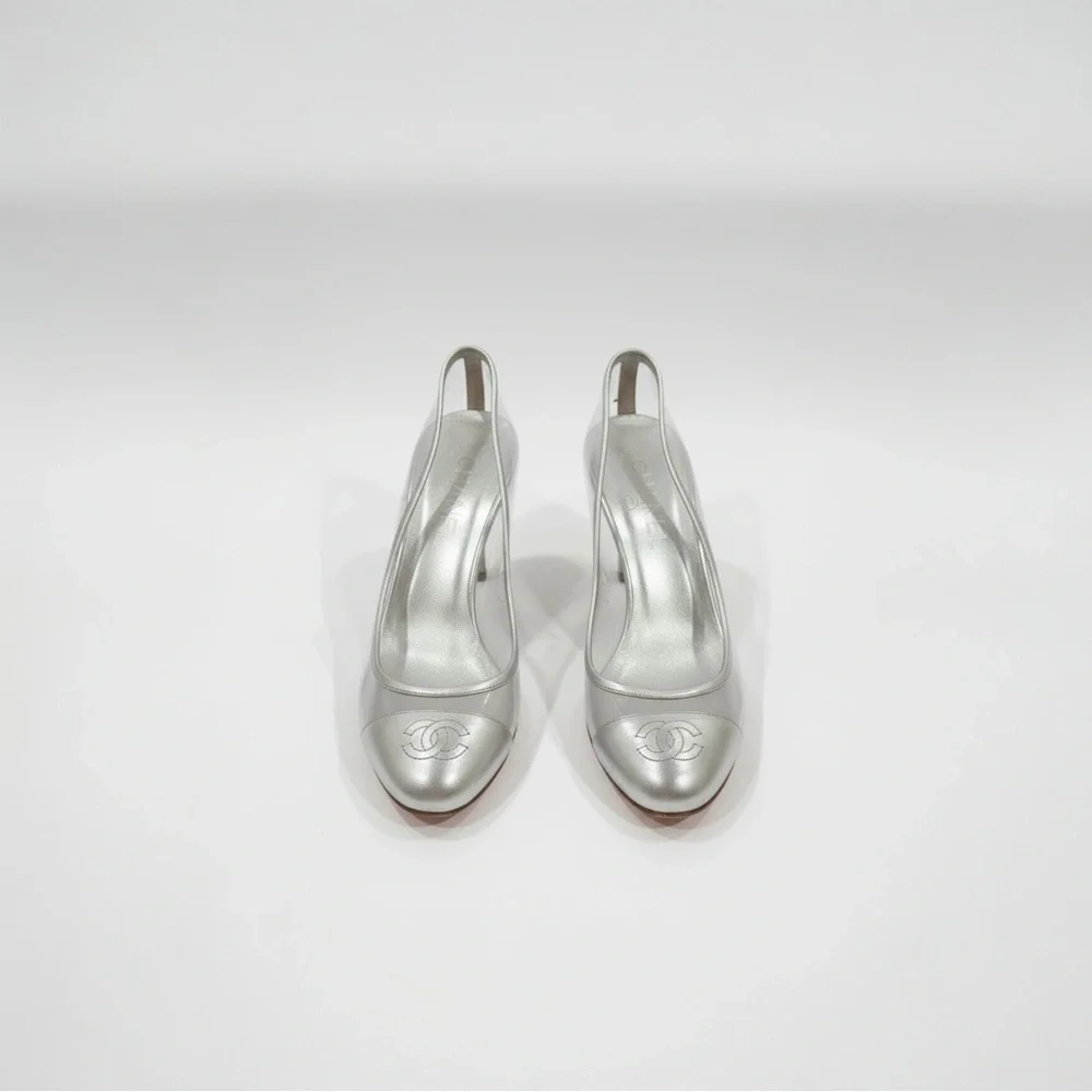 Vintage Chanel Silver Cap Toe Leather and PVC Pumps